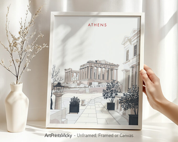 Minimalist artwork of the Acropolis in Athens displayed in a white frame.