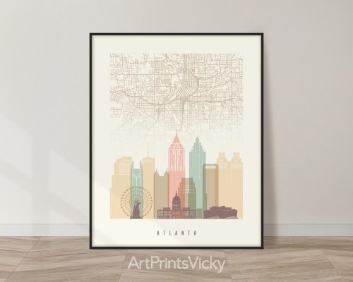 Atlanta city map with skyline poster in Pastel Cream theme by ArtPrintsVicky.