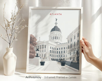 Minimalist artwork of the Atlanta skyline featuring a prominent building and the word 'Atlanta'.