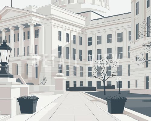 Minimalist illustration of an architectural building in Atlanta with trees and planters.