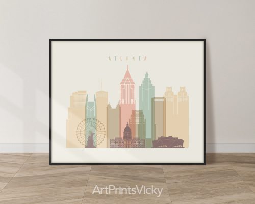 Atlanta city skyline print rendered in a warm Pastel Cream palette with landscape orientation by ArtPrintsVicky