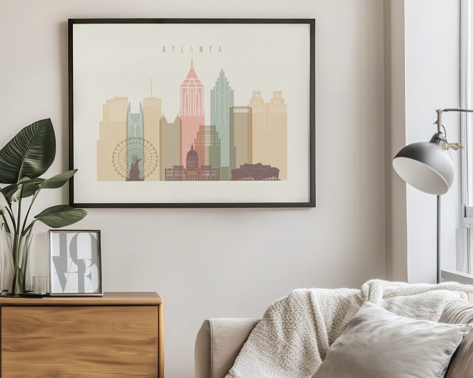 Illustration of Atlanta skyline featuring various buildings and a Ferris wheel.