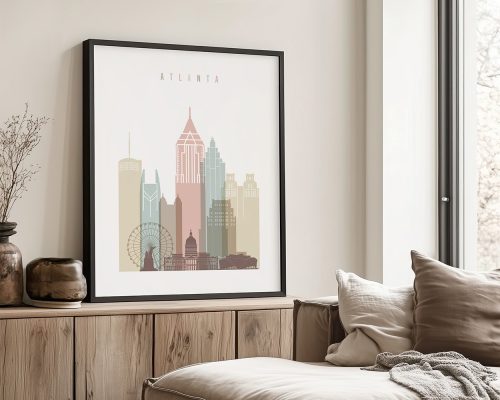 Art print featuring a stylized cityscape of Atlanta with notable buildings and landmarks.