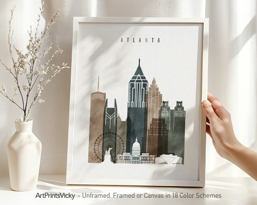 Art print of Atlanta's skyline featuring notable buildings and landmarks in a minimalist style.