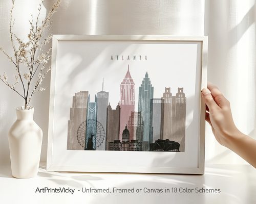 Art print of Atlanta city skyline featuring various notable buildings and structures.