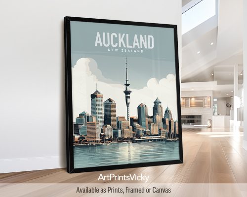 Auckland cityscape travel poster in smooth colors by ArtPrintsVicky