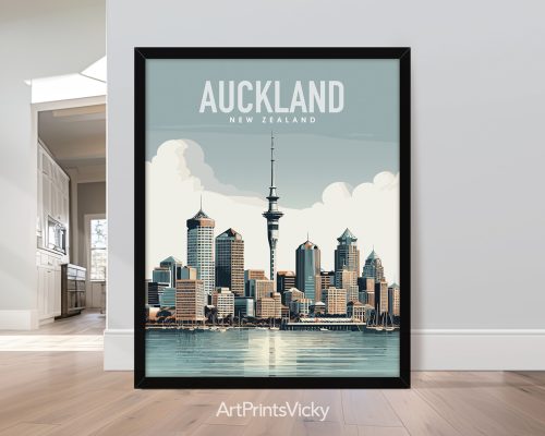 Auckland cityscape travel poster in smooth colors by ArtPrintsVicky