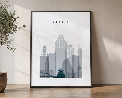 Austin Skyline Wall Art Print Grey Blue Poster | ArtPrintsVicky