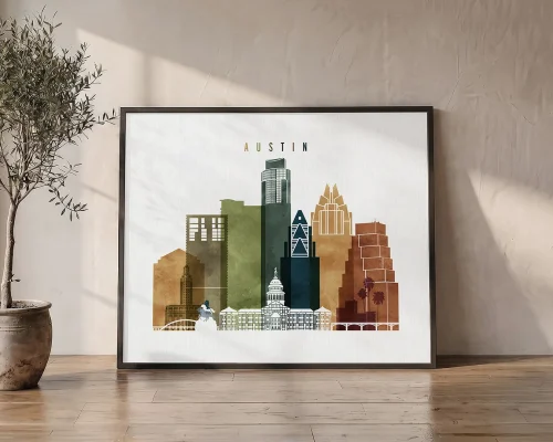 Austin Skyline Wall Art Vibrant Watercolor Poster | ArtPrintsVicky
