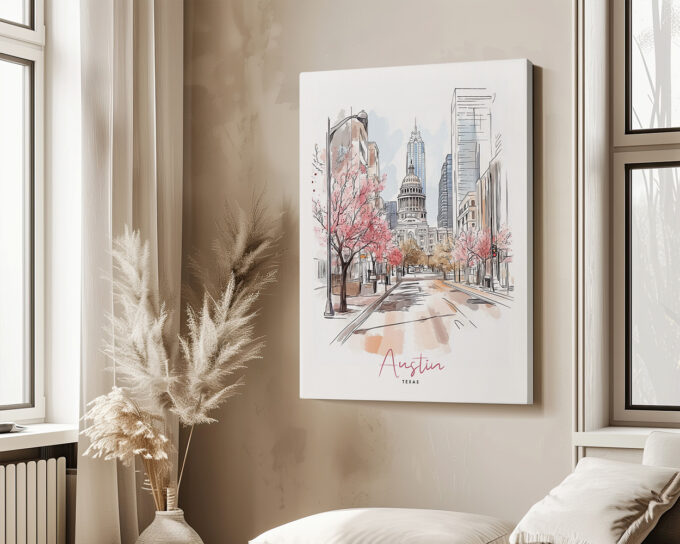 A Canvas art print of Austin in watercolor drawing with soft pastel tones.