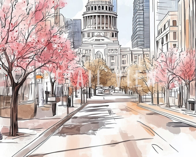 Austin in watercolor drawing with soft pastel tones, detailed photo