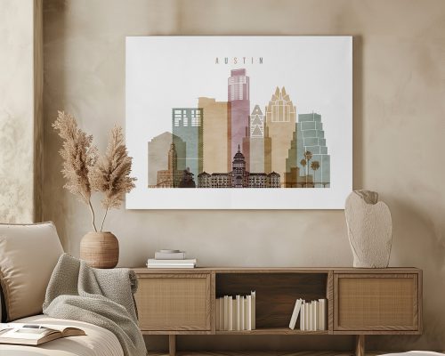 Artistic representation of the Austin skyline featuring notable buildings and landmarks.