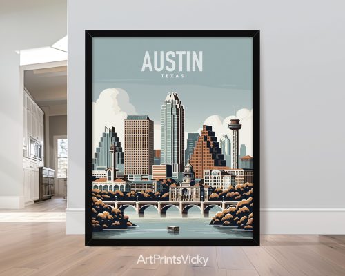 Austin cityscape travel poster in smooth colors by ArtPrintsVicky