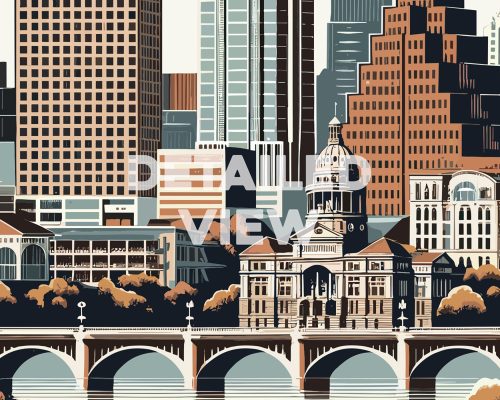 Austin cityscape travel poster in smooth colors detail by ArtPrintsVicky