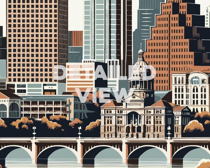 Illustration of Austin's skyline featuring buildings and a bridge with a detailed view label.
