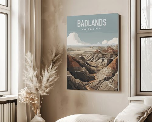 Illustrative artwork of Badlands National Park featuring layered rock formations and clouds.
