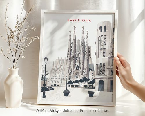 Minimalist artwork of the Sagrada Familia in Barcelona displayed in a frame.