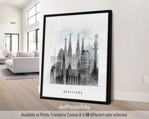 Framed artwork depicting a cityscape of Barcelona with notable architectural features.