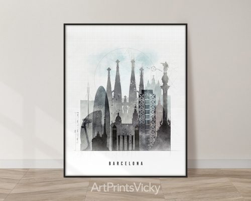 Art print featuring a silhouette of Barcelona's iconic architecture in shades of gray and blue.
