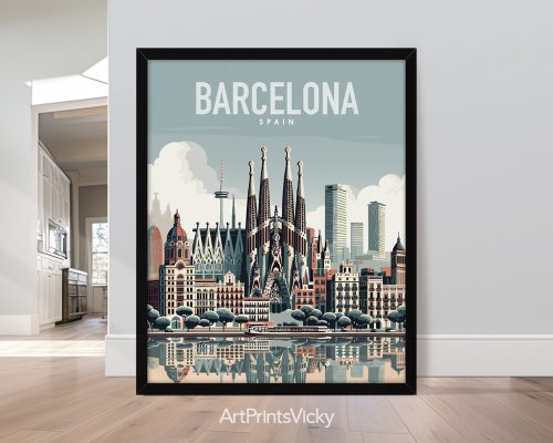 Smooth travel style art print of the Barcelona skyline by ArtPrintsVicky
