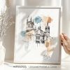 Artistic drawing of Bath, UK, featuring architectural elements and watercolor splashes.