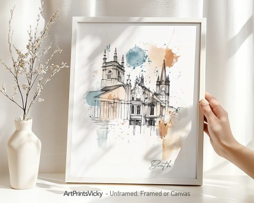 Artistic drawing of Bath, UK, featuring architectural elements and watercolor splashes.