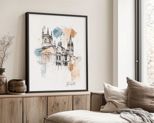 Illustration of Bath, UK, featuring architectural details and watercolor accents in a framed print.