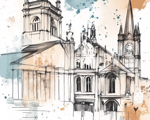 Sketch of a historic building featuring towers and a clock, with watercolor accents.