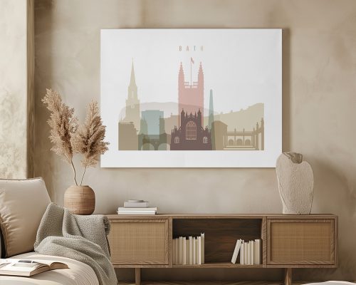 Art print featuring a stylized cityscape of Bath with notable buildings and landmarks.