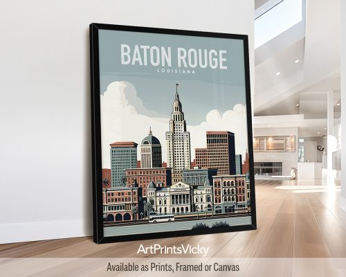 Baton Rouge skyline in retro travel poster style and smooth colors by ArtPrintsVicky
