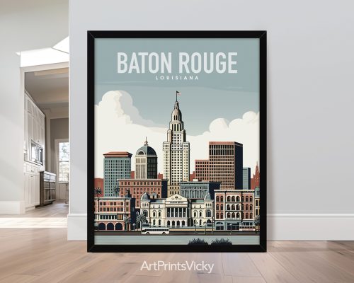 Baton Rouge skyline in retro travel poster style and smooth colors by ArtPrintsVicky