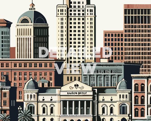 Baton Rouge skyline in retro travel poster style and smooth colors detail by ArtPrintsVicky