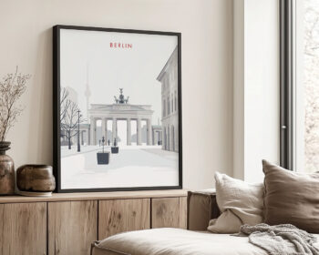 Minimalist artwork depicting the Brandenburg Gate in Berlin with a neutral color palette.