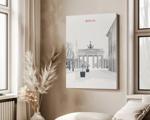 Minimalist artwork featuring the Brandenburg Gate in Berlin with a light color palette.