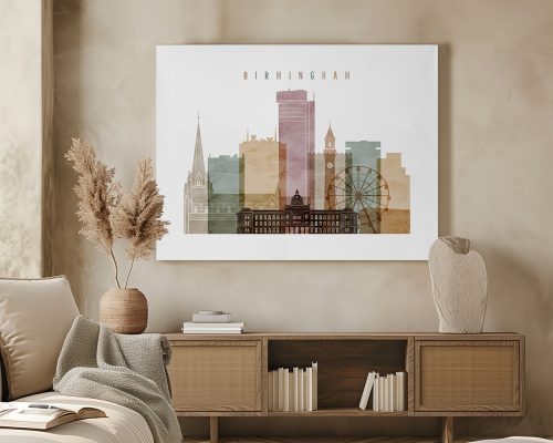 Artistic representation of Birmingham's skyline with various buildings and structures in soft colors.