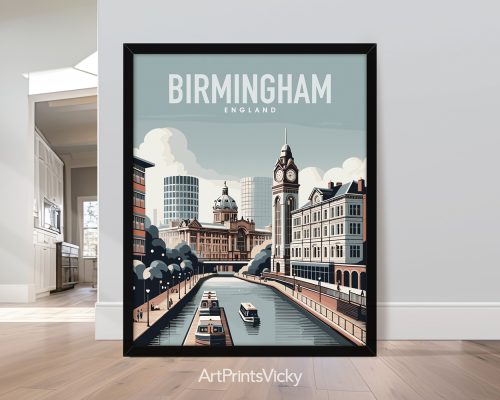 Smooth travel style art print of the Birmingham, England skyline by ArtPrintsVicky