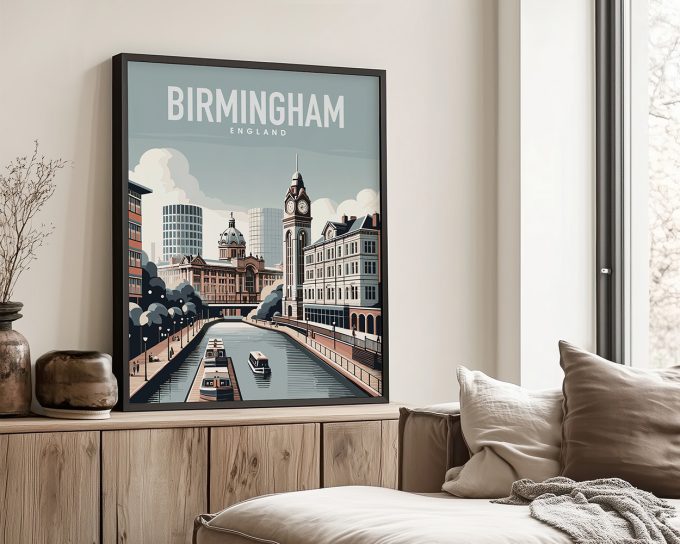 Illustration of Birmingham, England featuring buildings and a canal with boats.