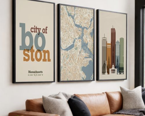 Boston Wall Art Set of 3 Prints, Map, Skyline