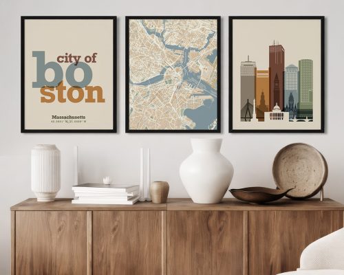 Alternative view of Boston Wall Art Set of 3 Prints, Map, Skyline