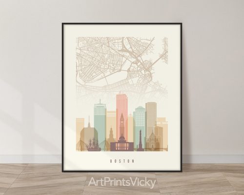 Boston city map with skyline poster in Pastel Cream theme by ArtPrintsVicky.