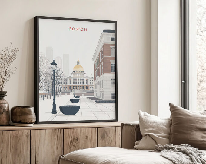 Minimalist illustration of Boston featuring a government building and street lamps.