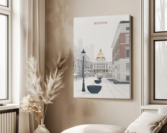 Minimalist artwork featuring a depiction of Boston with a government building and trees.