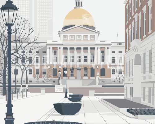 Illustration of the Boston State House featuring a gold dome and surrounding architecture.