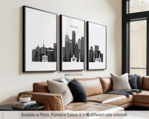 Black and white Boston skyline set of 3 prints by ArtPrintsVicky