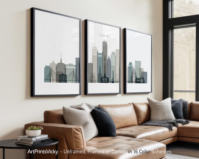 Three framed art prints depicting a stylized cityscape of Boston with various buildings.