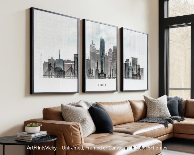 Three framed art prints of a cityscape featuring Boston's skyline in a modern style.