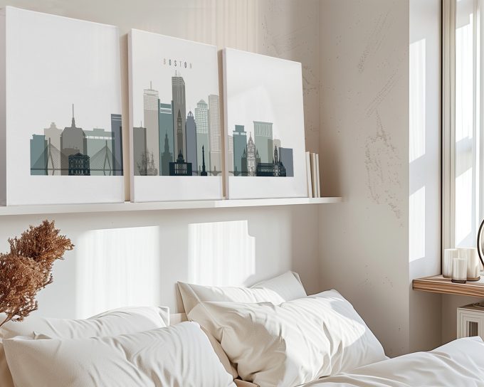 Three-panel artwork depicting a skyline of Boston with notable buildings in muted colors.