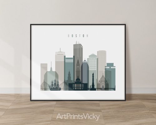 Boston minimalist city print, landscape orientation, in cool Earth Tones 4 style. Features historic landmarks by ArtPrintsVicky