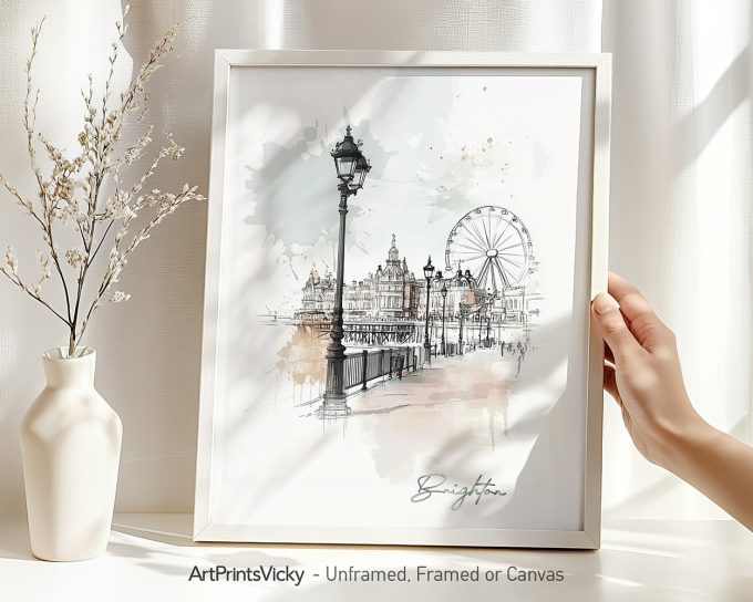 Illustration of Brighton featuring a ferris wheel and historical buildings in soft colors.