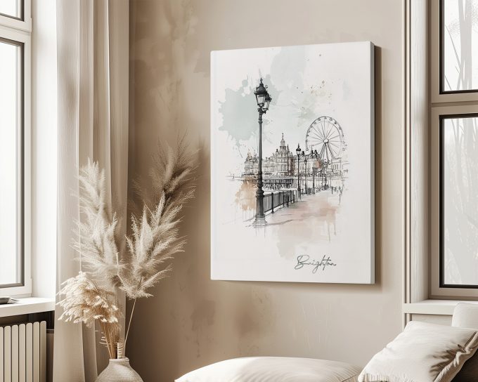 Illustration of Brighton featuring a ferris wheel and historic buildings in a soft color palette.